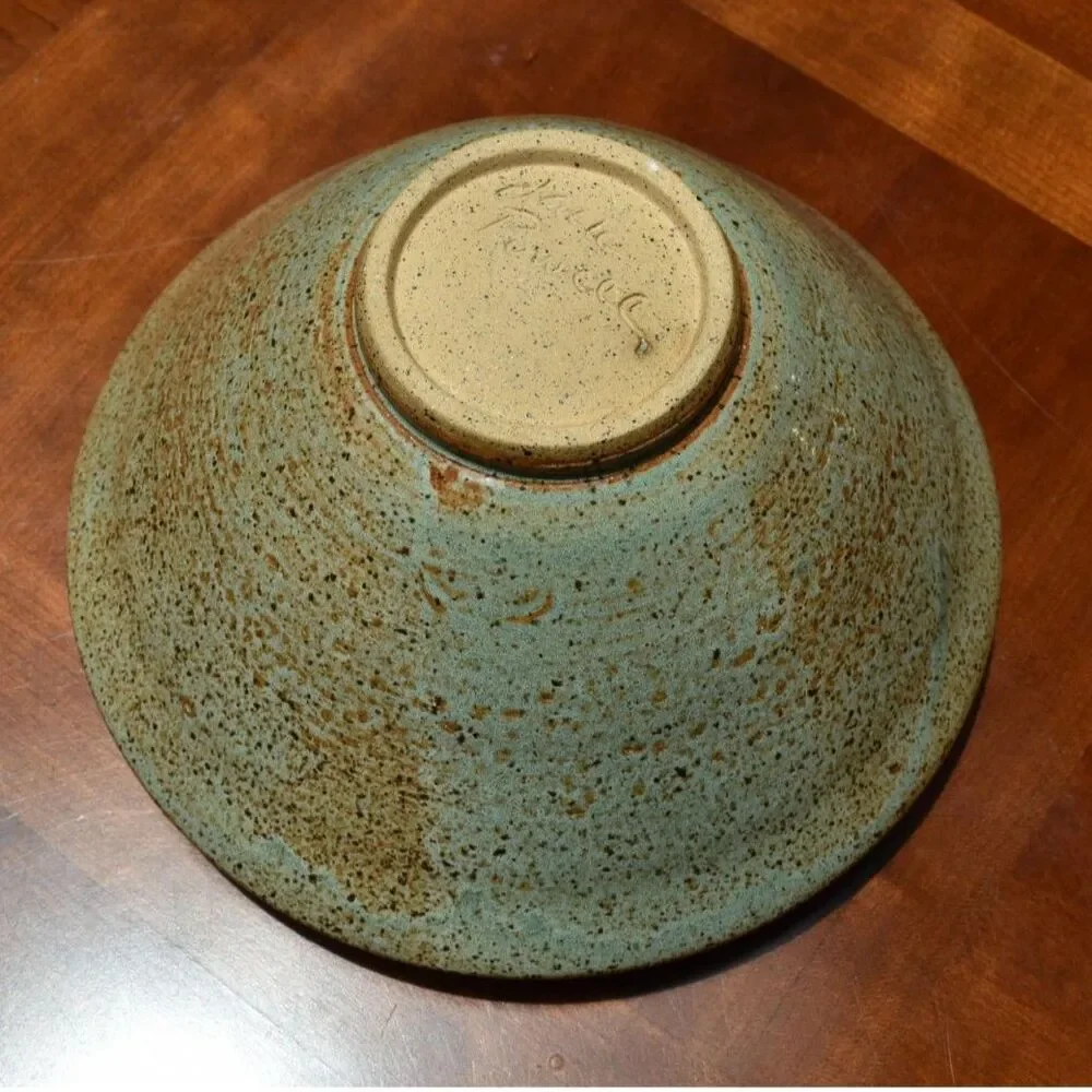 Vintage Studio Pottery Bowl Pierced Carved Rim Sage Brown Glaze Signed Powell